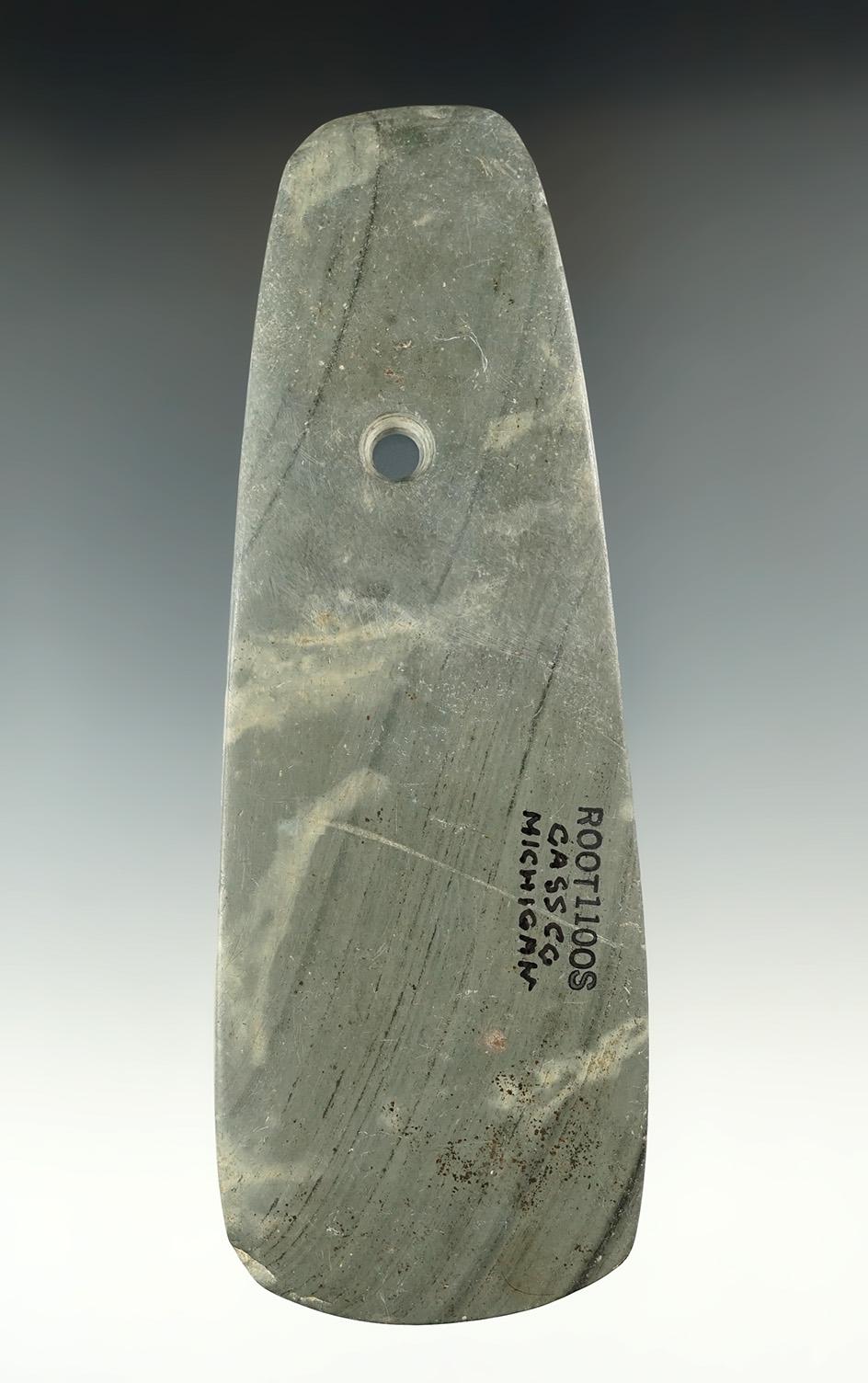 5 3/4" Hopewell Trapezoidal Pendant made from green and black Banded Slate, found in Cass Co., Michi