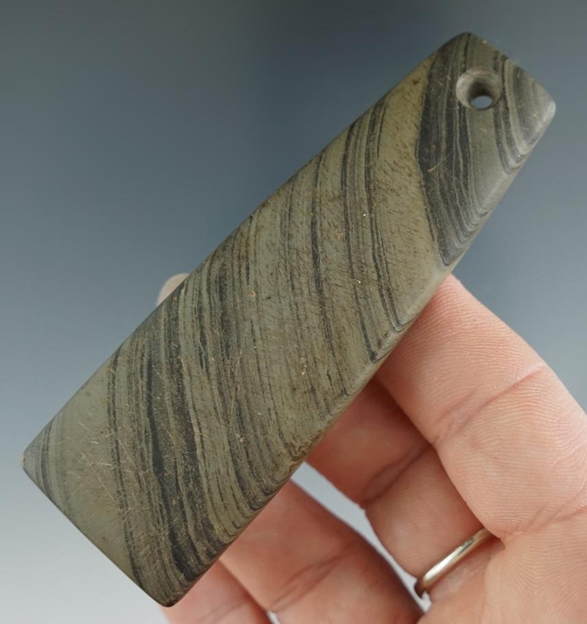 3 3/8" Trapezoidal Pendant made from highly banded Slate with great finish. Holmes Co., Ohio.