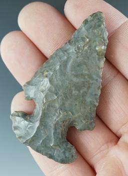 2 9/16" Archaic Thebes E Notch that is nicely beveled made from Upper Mercer Flint.  Ohio.