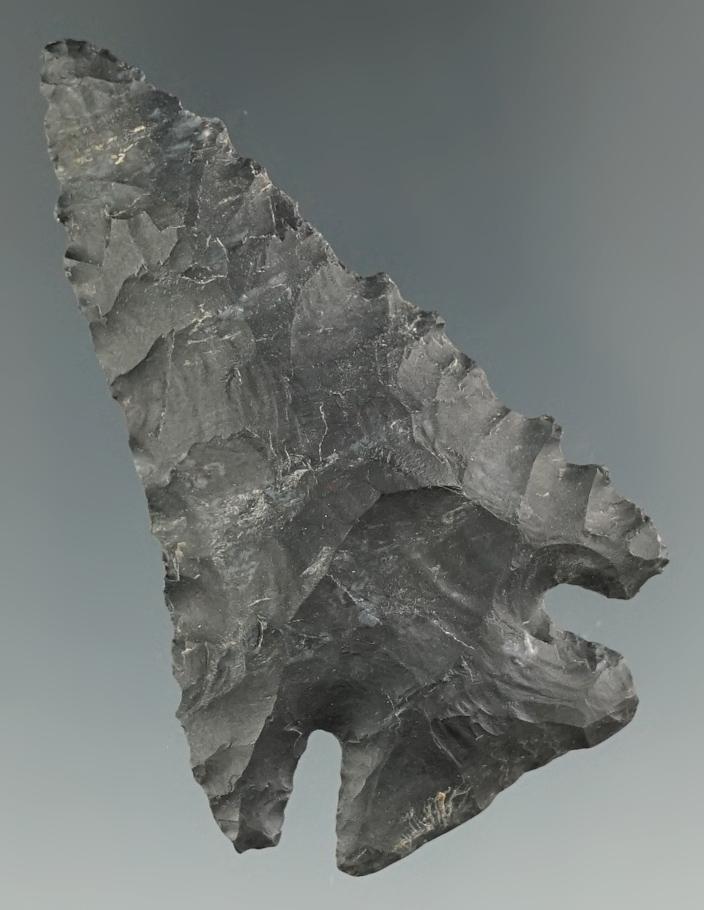 2 1/2" Archaic Notch Base Dovetail made from black Coshocton Flint, found in Fayette Co., Ohio.