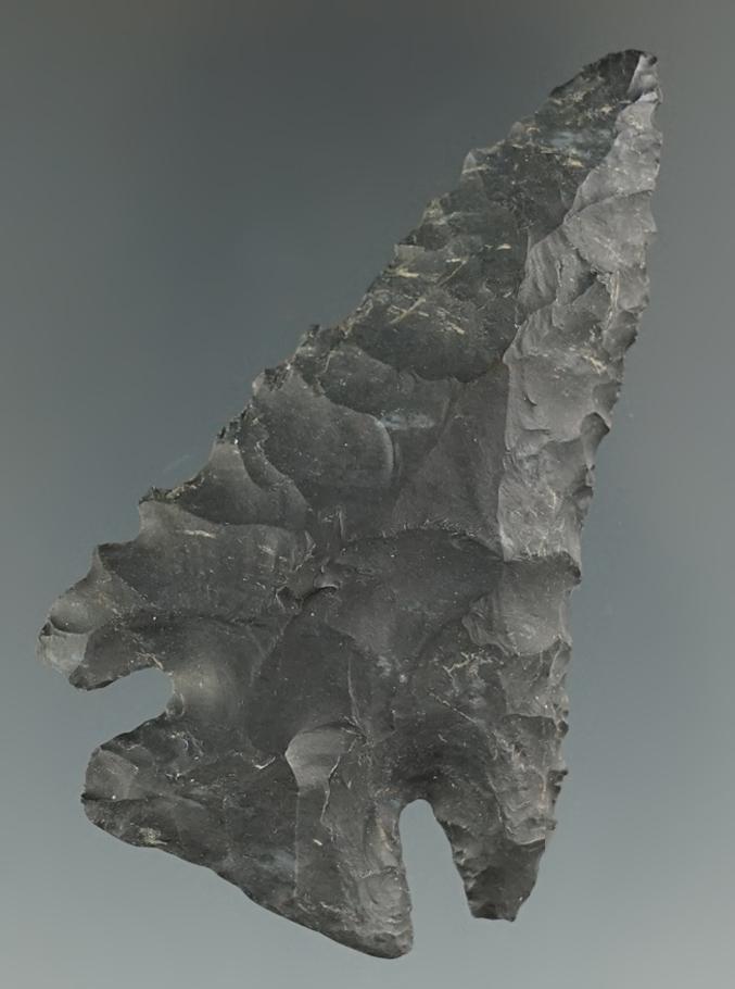 2 1/2" Archaic Notch Base Dovetail made from black Coshocton Flint, found in Fayette Co., Ohio.