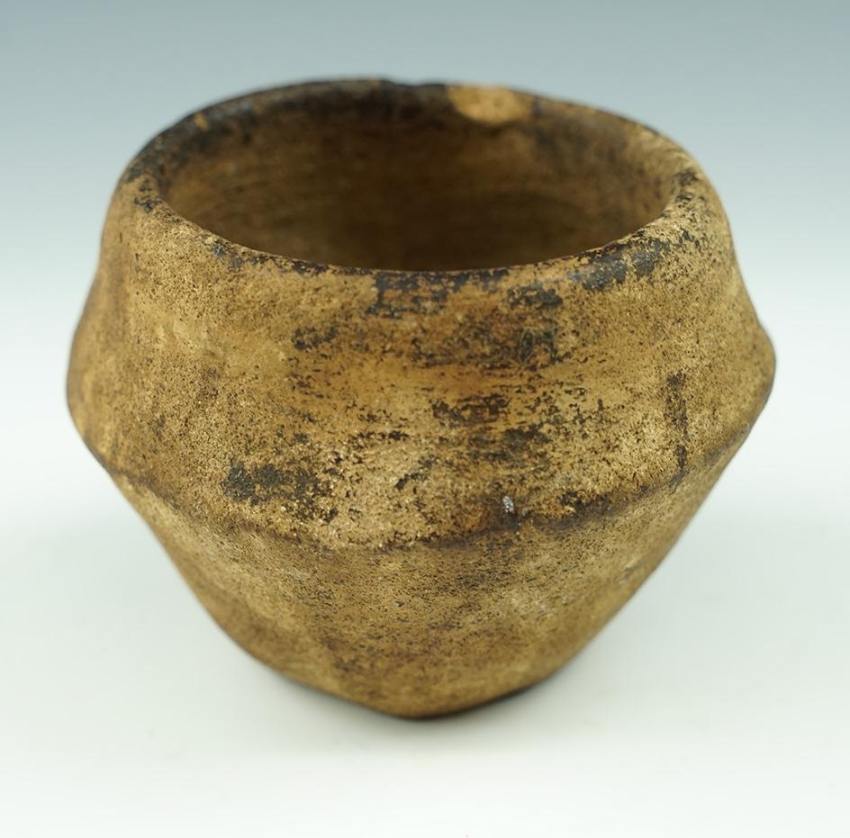 3 3/4" wide by 2 7/8" tall pre-Columbian pottery vessel from Mesoamerica.