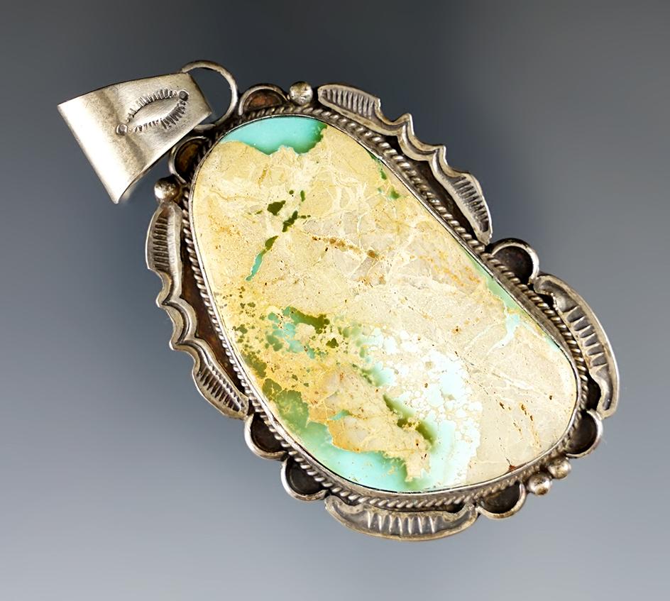 2 1/4" tall Navajo handmade boulder turquoise sterling silver pendant signed "R. Tom".