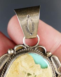 2 1/4" tall Navajo handmade boulder turquoise sterling silver pendant signed "R. Tom".