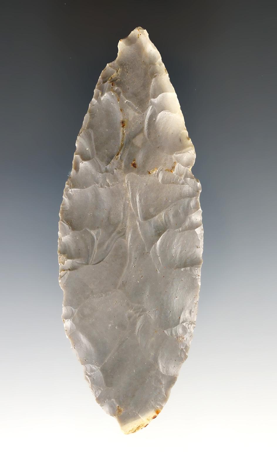 4 11/6" Adena Bi-pointed blade found in Indiana. Made from Hornstone.