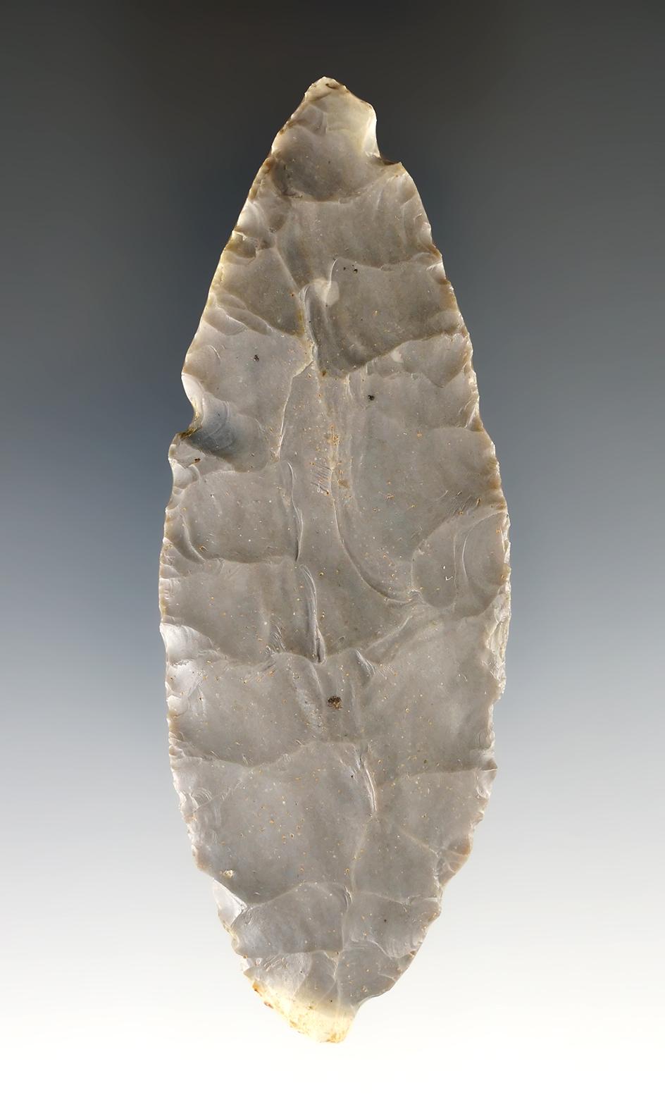 4 11/6" Adena Bi-pointed blade found in Indiana. Made from Hornstone.