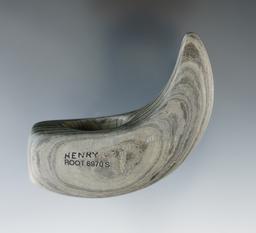 2 3/4" Archaic Geniculate made from gray and black Banded Slate. Found in Henry Co., Ohio.