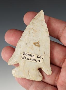 3 1/16" Archaic Thebes point that is heavily beveled. Found in Boone Co., Missouri.