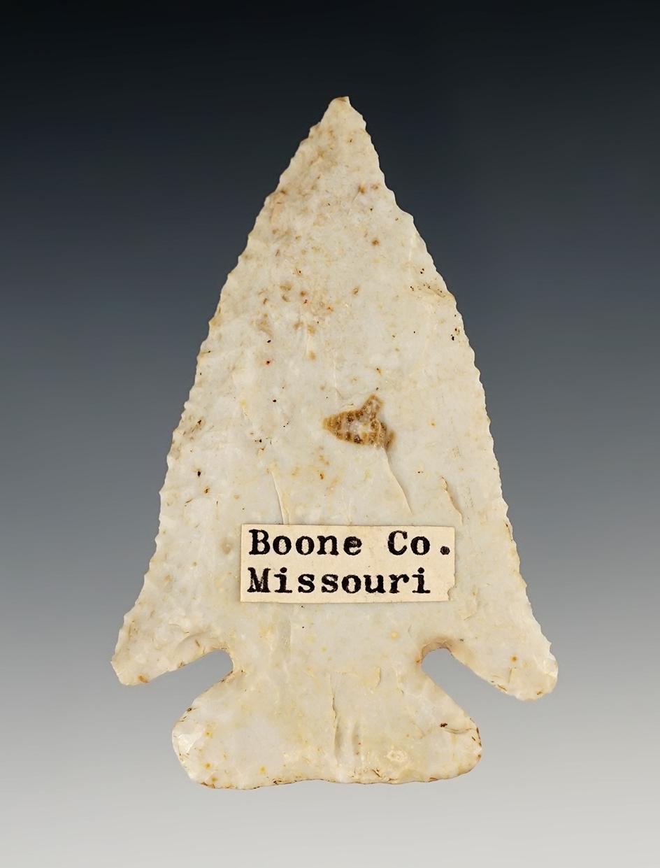 3 1/16" Archaic Thebes point that is heavily beveled. Found in Boone Co., Missouri.