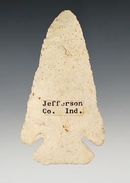 3 9/16" Archaic Bevel from Jefferson Co., Indiana. Made from well patinated flint.