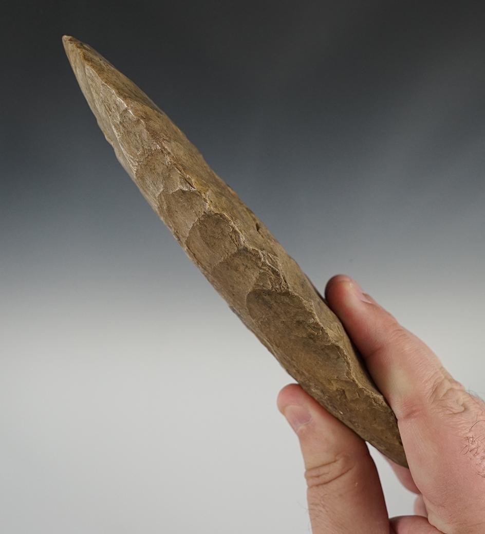 Fantastic 7 3/16" Flint Hoe found in Illinois made from Mill Creek Chert. Well polished bit.