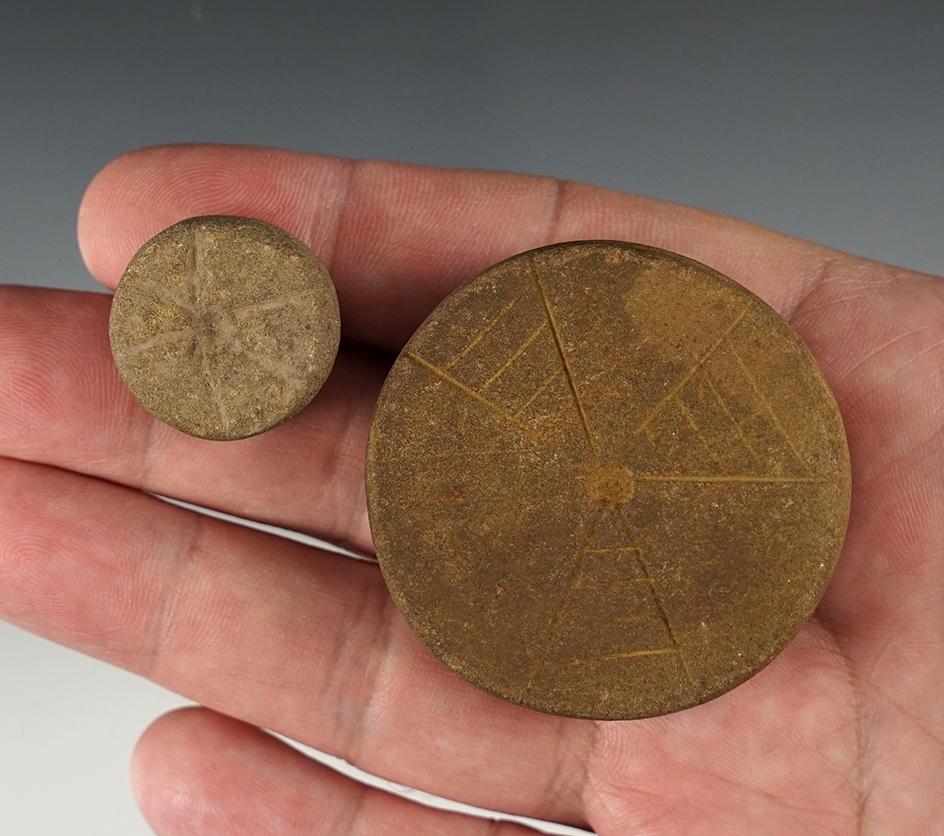 Pair of Engraved Ft. Ancient Discs found in the Kentucky/Tenessee area. The largest is 1 7/8".