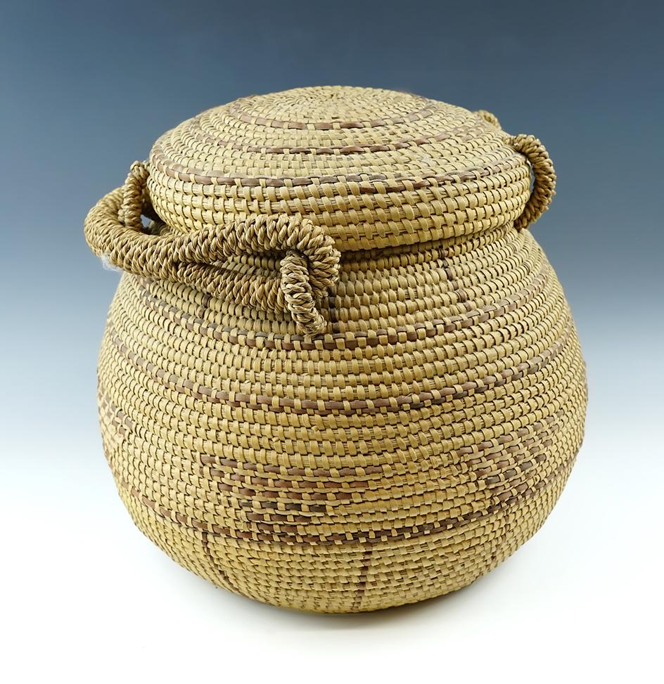 Large 9" Tall by 10" Wide Vintage Pemascot Indian Lidded Basket with original handle.