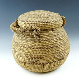 Large 9" Tall by 10" Wide Vintage Pemascot Indian Lidded Basket with original handle.