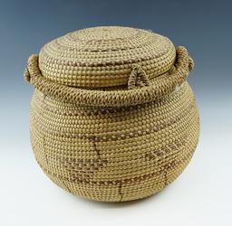 Large 9" Tall by 10" Wide Vintage Pemascot Indian Lidded Basket with original handle.