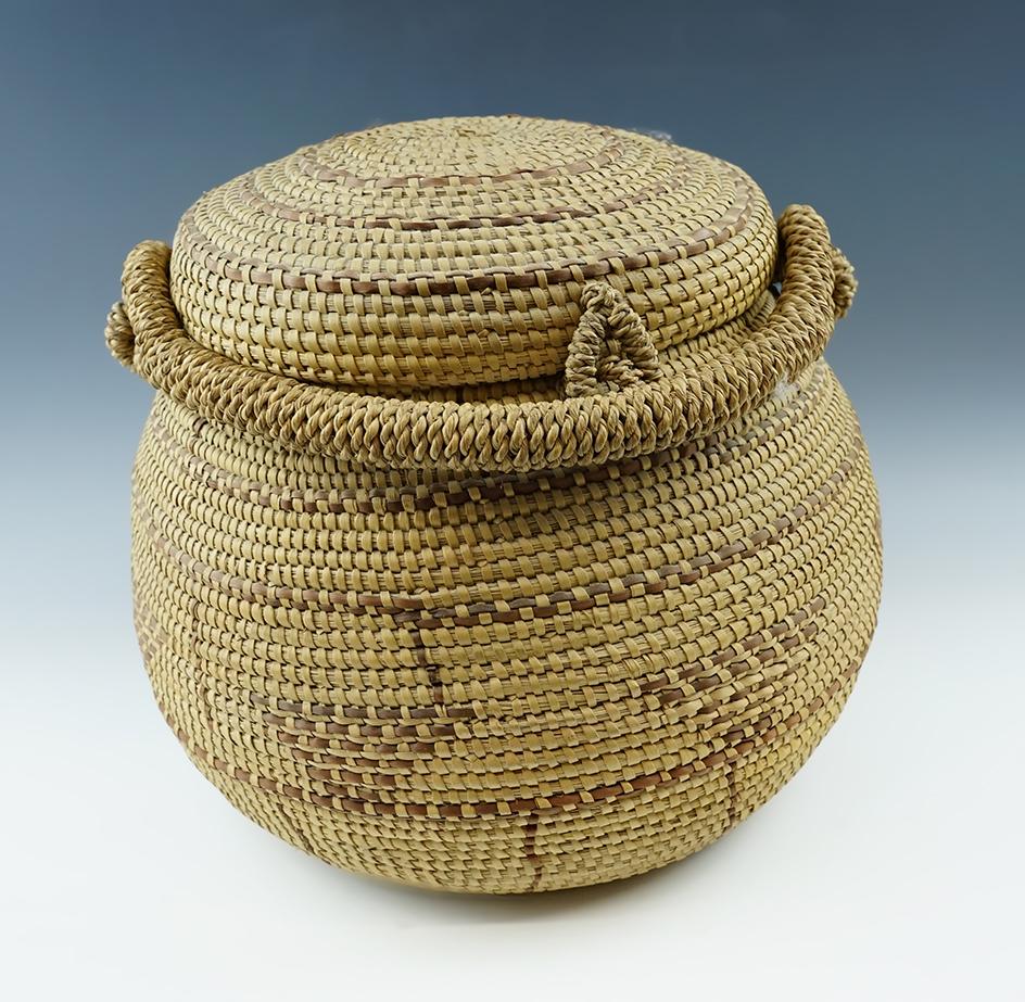 Large 9" Tall by 10" Wide Vintage Pemascot Indian Lidded Basket with original handle.