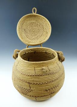 Large 9" Tall by 10" Wide Vintage Pemascot Indian Lidded Basket with original handle.