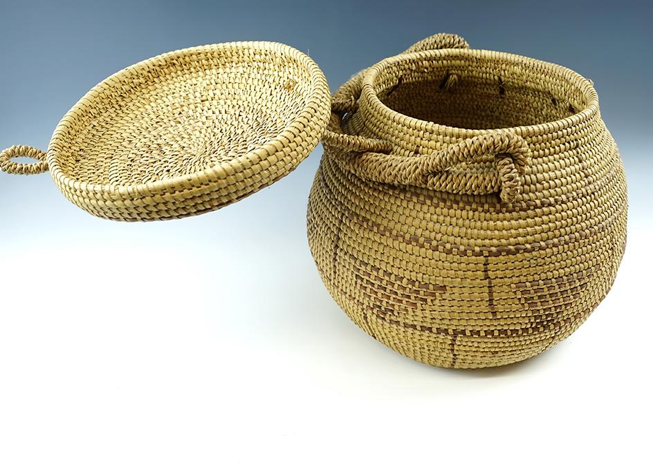 Large 9" Tall by 10" Wide Vintage Pemascot Indian Lidded Basket with original handle.