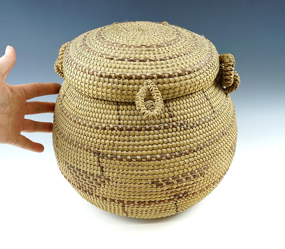 Large 9" Tall by 10" Wide Vintage Pemascot Indian Lidded Basket with original handle.