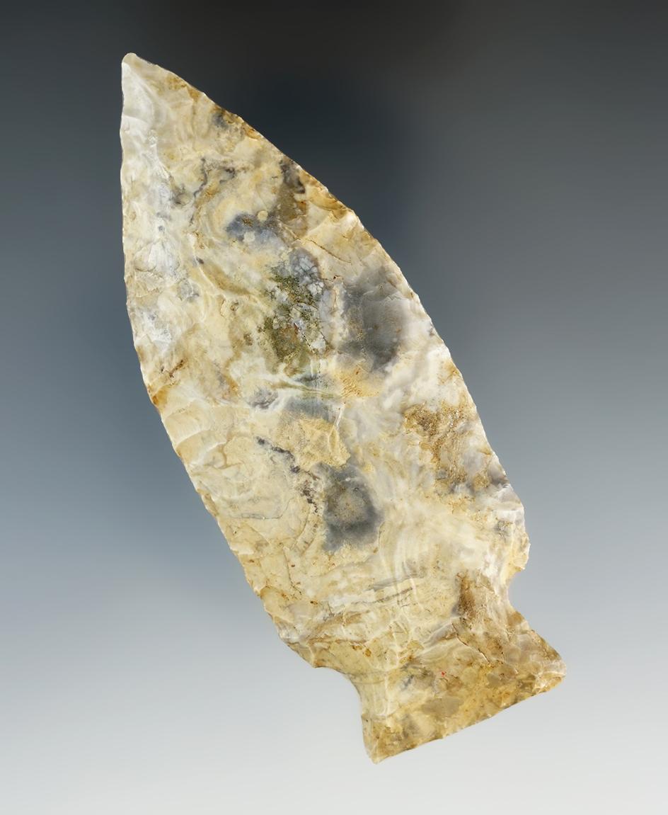 3 15/16" Etley Knife made from attractive multi-colored Mozarkite Flint. Callaway Co., MO.