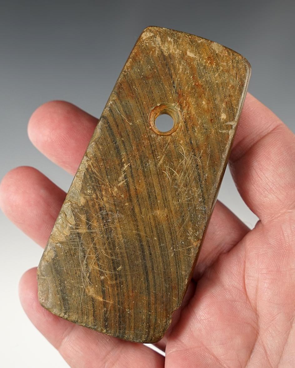 3 3/4" Adena Trapezoidal Pendant made from Banded Slate. Found in Holmes Co., Ohio.