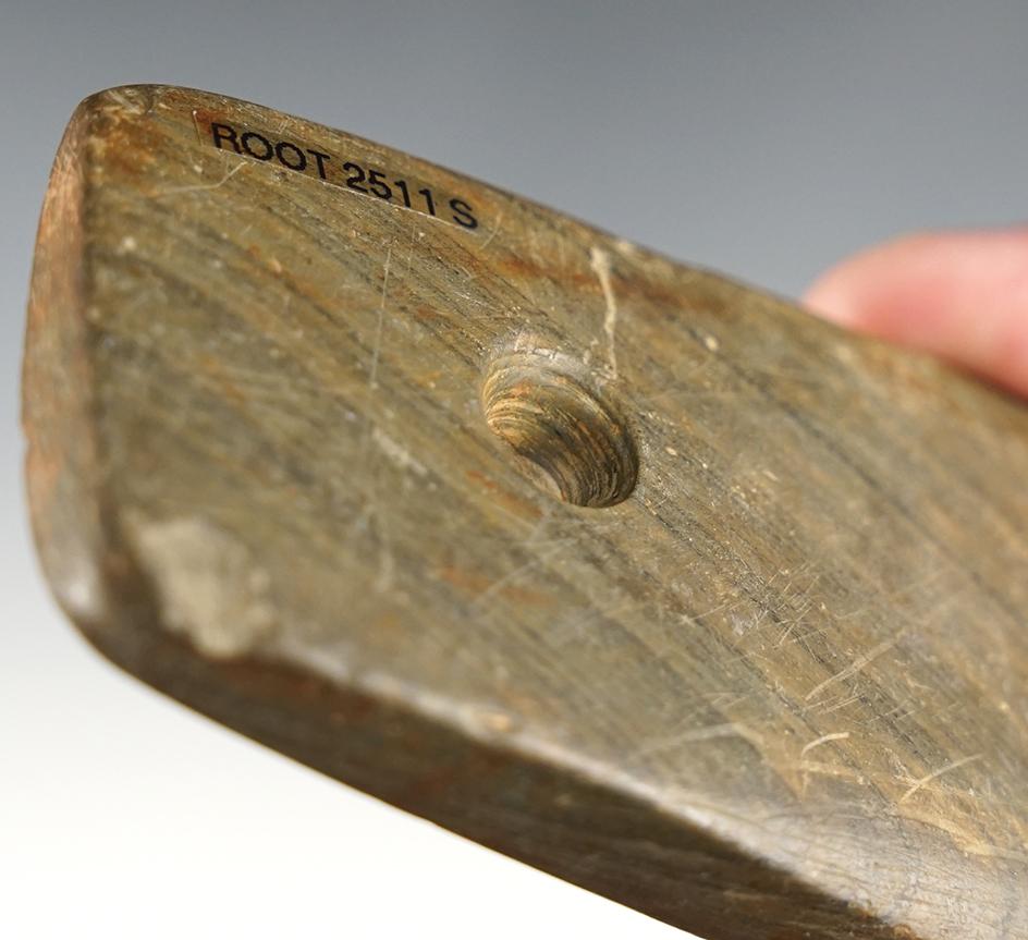 3 3/4" Adena Trapezoidal Pendant made from Banded Slate. Found in Holmes Co., Ohio.