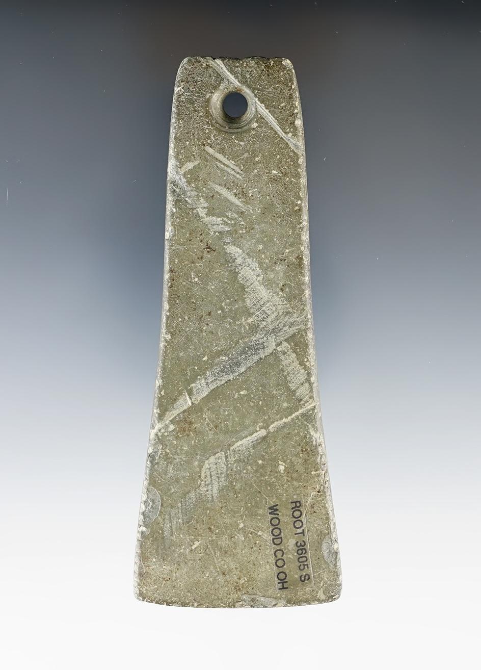 4 3/8" Adena Bell Pendant that is fringed and heavily tallied, made from green Slate.  Wood Co., Ohi