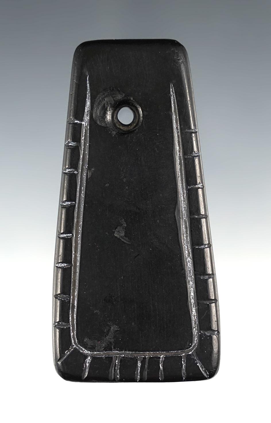 2 7/8" beautifully engraved Cannel Coal Pendant found in Ohio. Ex. Dick Johnson and Billy Hillen.