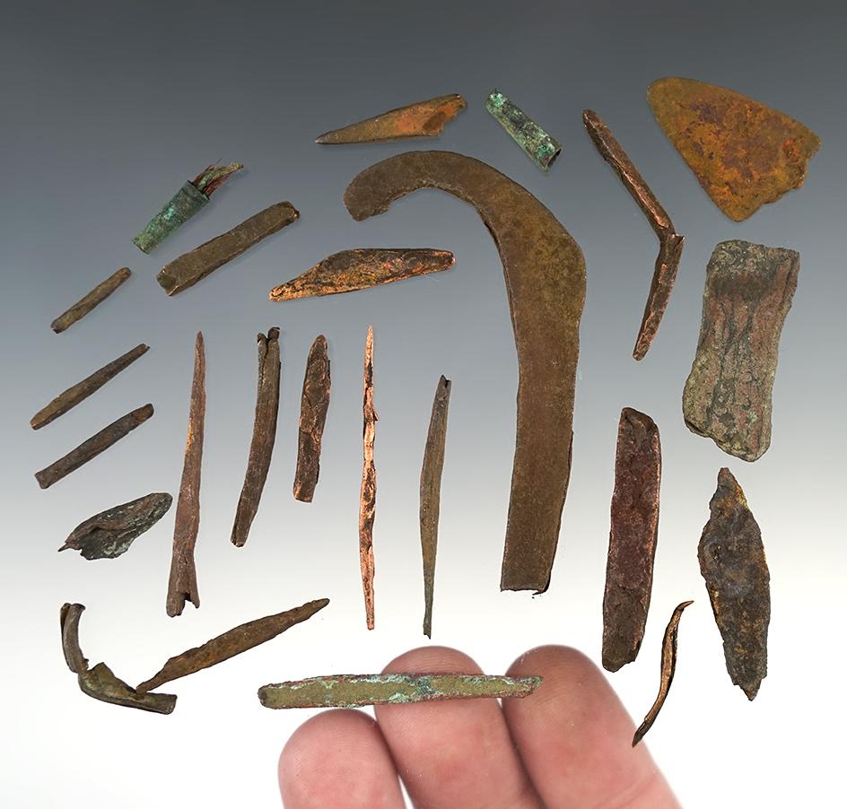 Set of 24 patinated Copper and Metal artifacts found in Wisconsin. The largest is 2 3/4".