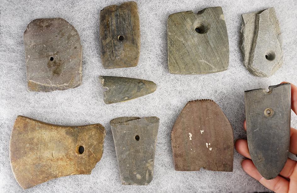 Set of nine damaged ornamental slate artifacts found in Ohio. Largest is 3 5/8".