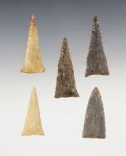 Set of 5 well made Triangle points found in the Kentucky/Tennessee. Largest is 1 15/16".