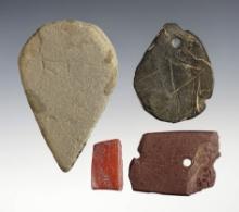 Set of 4 engraved artifacts including a 3" Tear Drop Shaped Stone with a "stick man" type figure. Pi