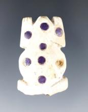 1 5/8" long Marine Shell spotted frog effigy with beautiful blue stone insets. Recovered in Peru.