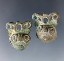 Pair of highly decorative Moche Culture Copper Bells found in Peru. Both are 15/16".