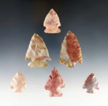 Set of six points made from colorful Flint Ridge Flint found in Ohio. Largest is 2 1/4".