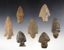 Set of 7 well patinated points found in Kentucky, Tennessee and Alabama. The largest is 3 1/16".