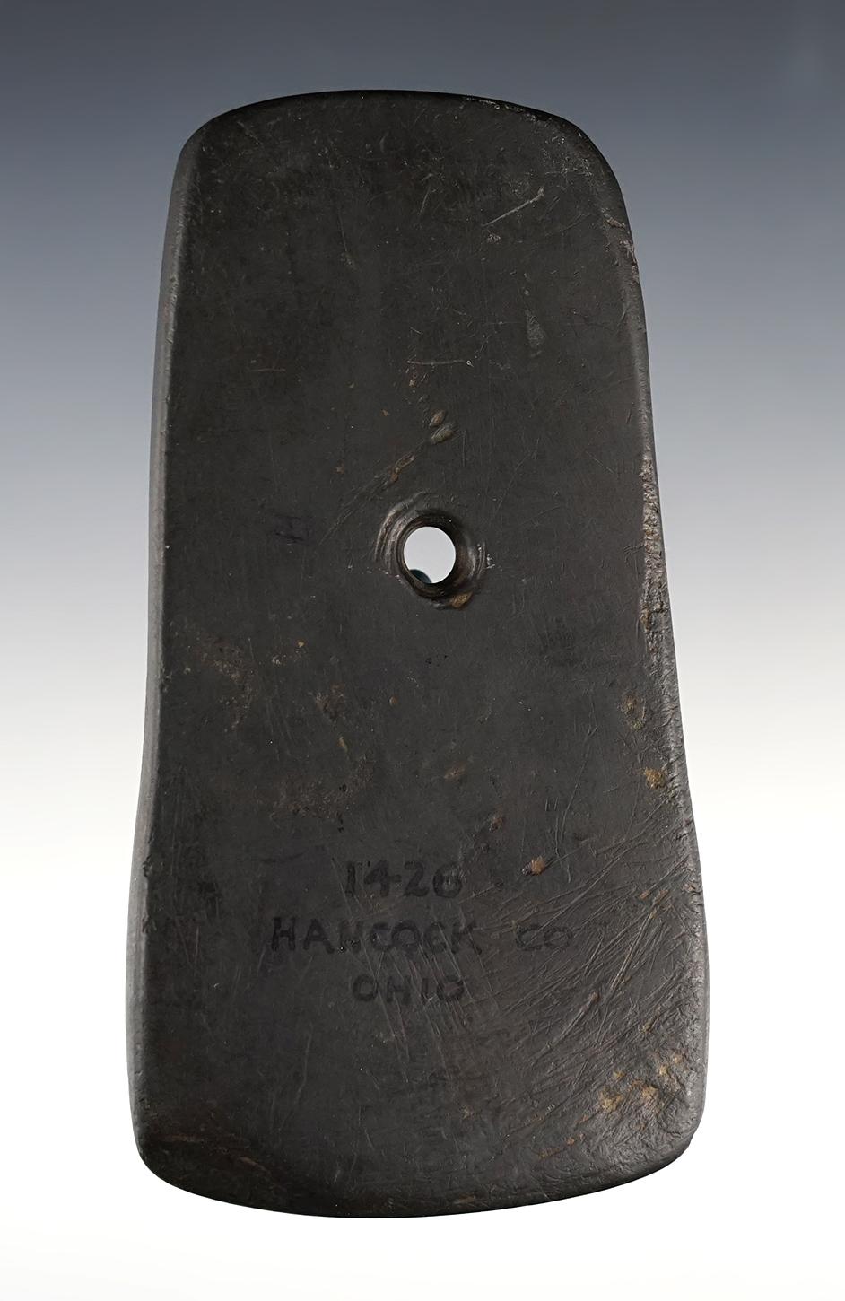 4 5/16" Adena Trapezoidal Pendant found in Hancock Co., Ohio. Ex. Wehrle (1426W), Root (3107S).