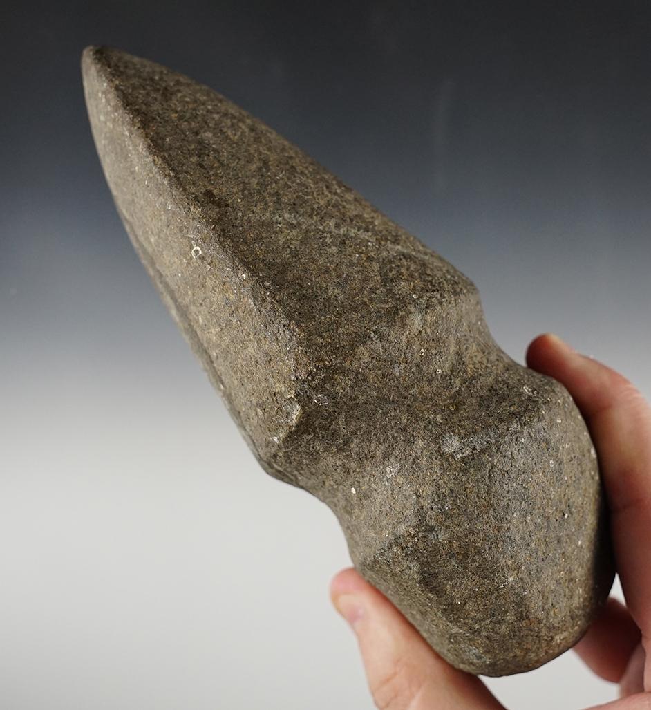 6 3/4" long Full Grooved Hardstone Axe found in Jay Co., Indiana. Ex. Gordon Kesler.