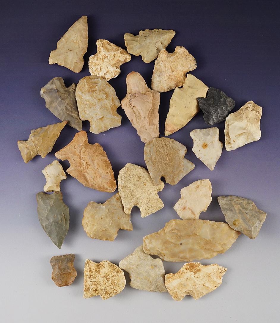 Set of 25 assorted points found in Hardy, Arkansas by Henry Hudson Norman Jr. in the 1930's.