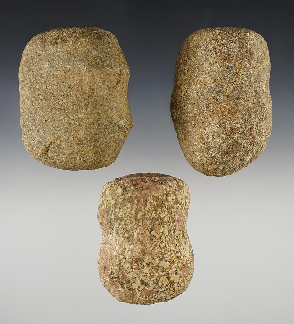 Set of three Hardstone Grooved Hammerstones recovered in Allen Co., Indiana. Largest is 3".