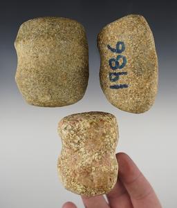 Set of three Hardstone Grooved Hammerstones recovered in Allen Co., Indiana. Largest is 3".