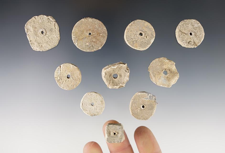 Group of 10 Lead Discs found at the White Springs Site, Geneva, New York. Largest is 1 1/8".