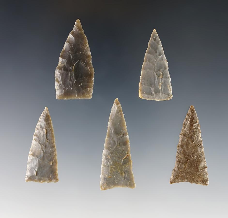 Set of 5 well made Triangle points found in the Kentucky/Tennessee area. The largest is 1 5/8".