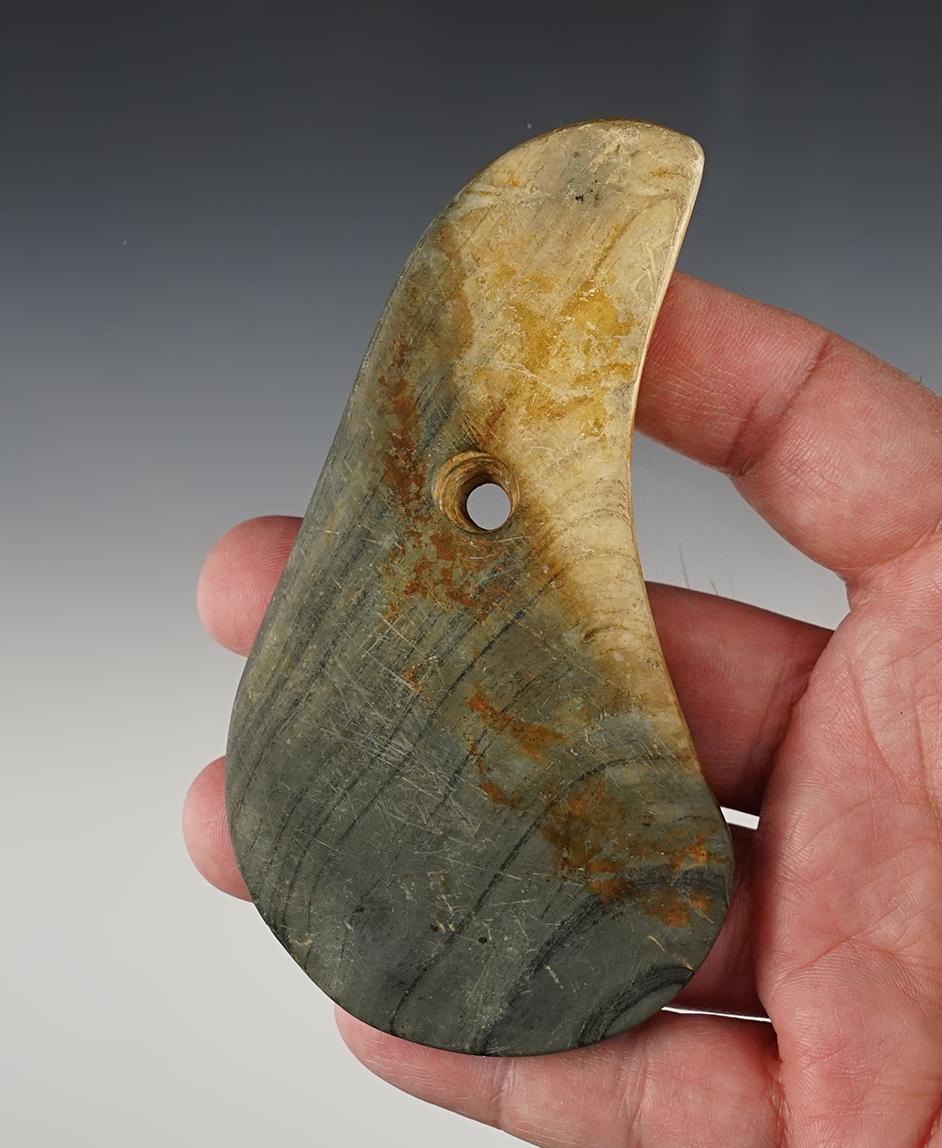 Uniquely styled 4 1/2" Banded Slate Pendant found in Licking Co., Ohio. Ex. Wehrle #1851W.