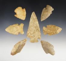 Set of 7 assorted points found in Hardy, Arkansas by Henry Hudson Norman Jr. in the 1930's.