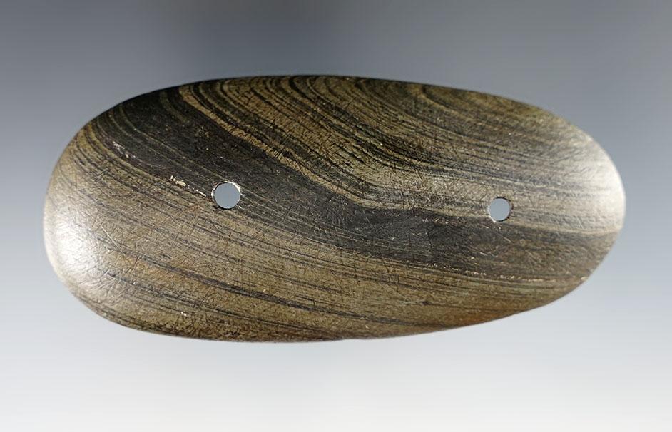 4 5/16" Humped Gorget made from nicely Banded Glacial Slate. Found in Ohio.