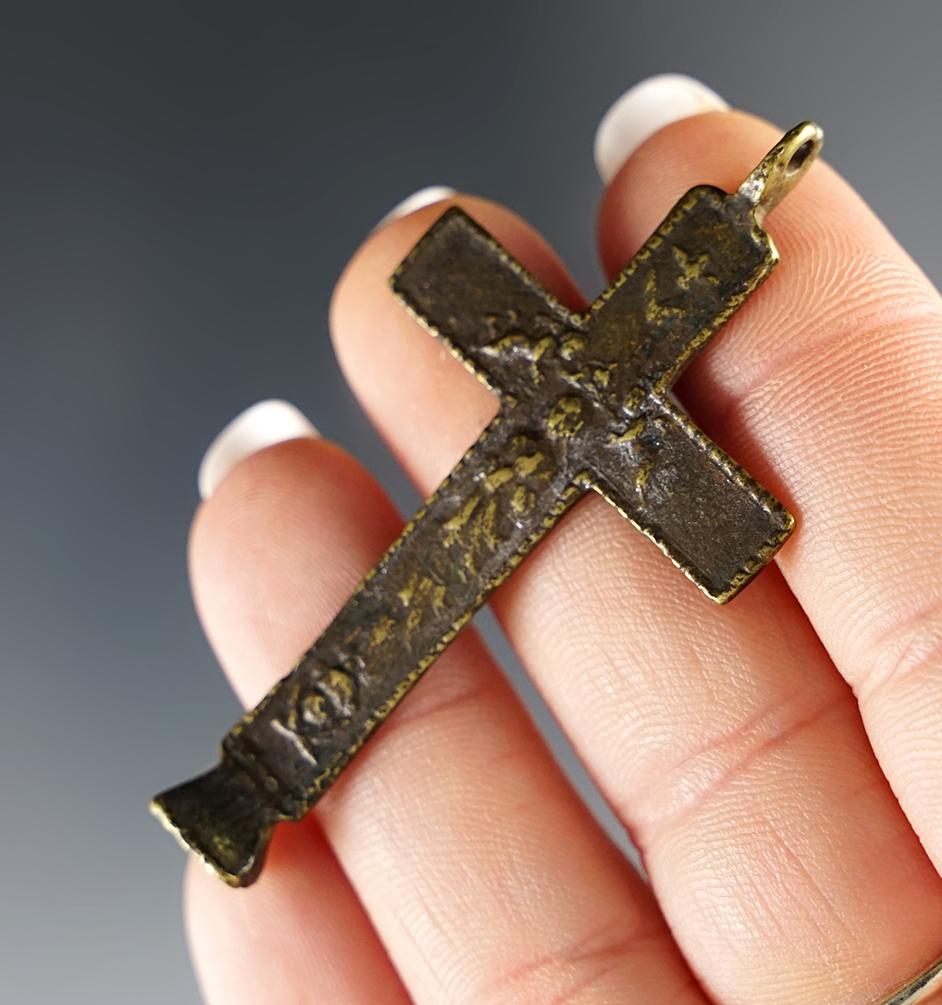 Rare 2" Brass Trade Cross with unique base. Found at the White Springs Site in Geneva, NY.