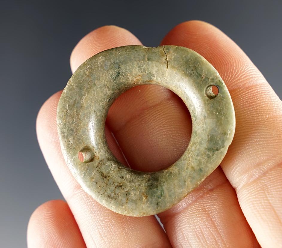 Beautiful Mayan 1 3/8" Ear Flare made from Jadeite with 2 holes. Recovered in Mexico.