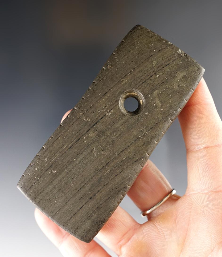 3 5/8" Trapezoidal Pendant - Banded Slate. Warren Co., Ohio - Many tallies. Ex. John Lutz.