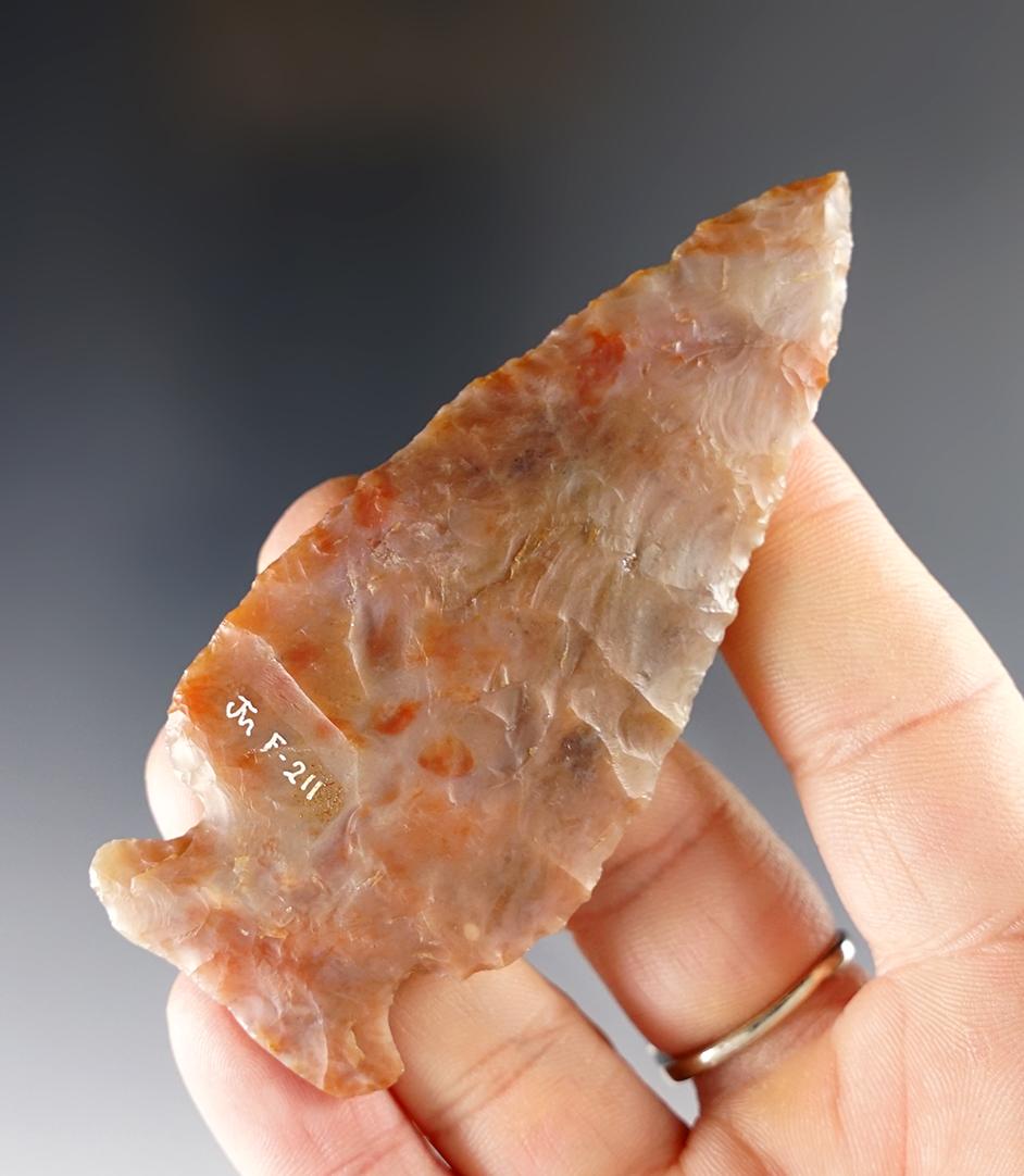 3 3/8" Archaic Sidenotch - attractive pink Flint Ridge Flint - Clark Co., Ohio. Ex. Masik.